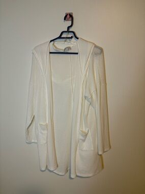Women's White Hooded Open-Front Sweater Cardigan Waffle Knit